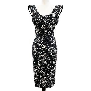 MICHAEL KORS COLLECTION Midi Dress 0 Black White Jacquard Sheath Zip Career NWT